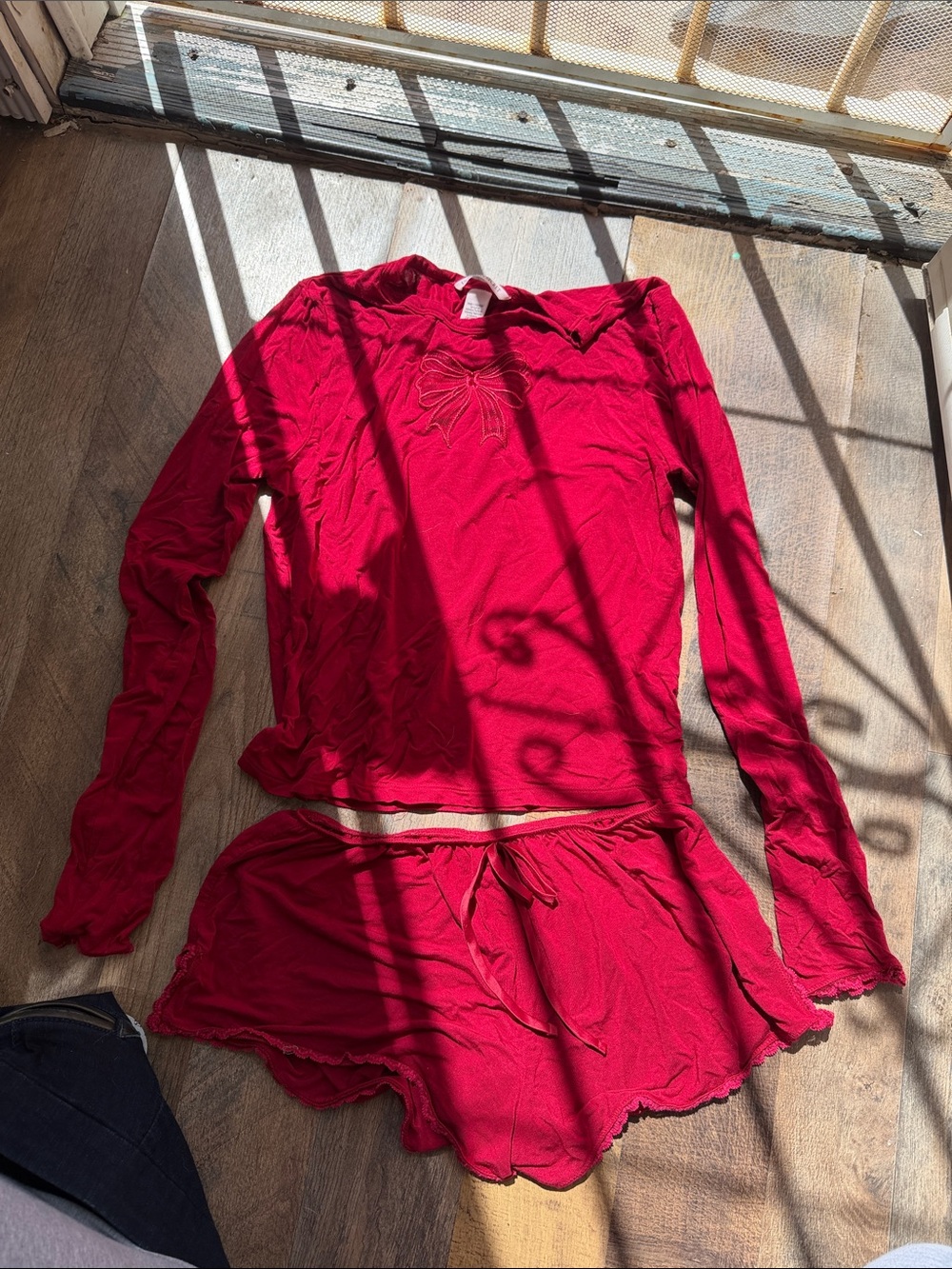 Victoria's Secret Red Long-Sleeve Top & Shorts Pajama Set Top Medium Shorts XS